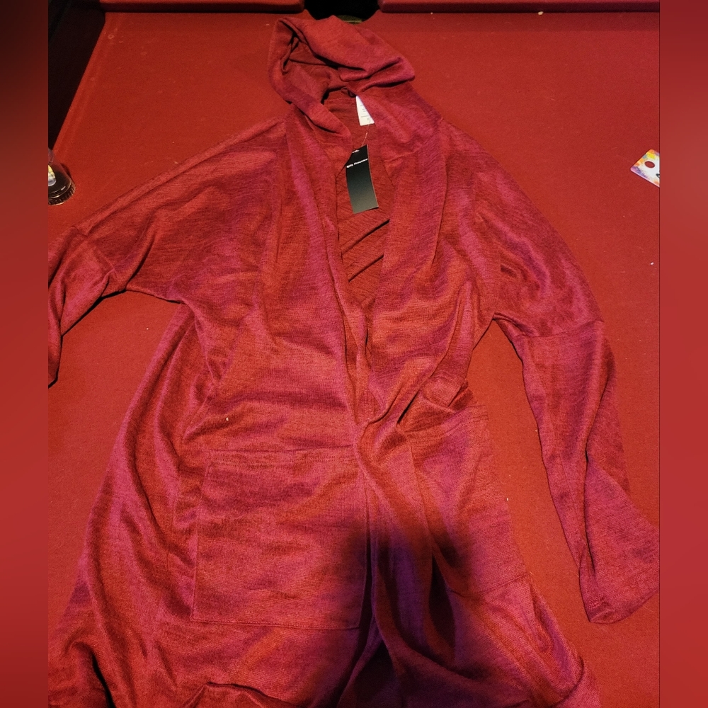 Red hooded duster with pockets